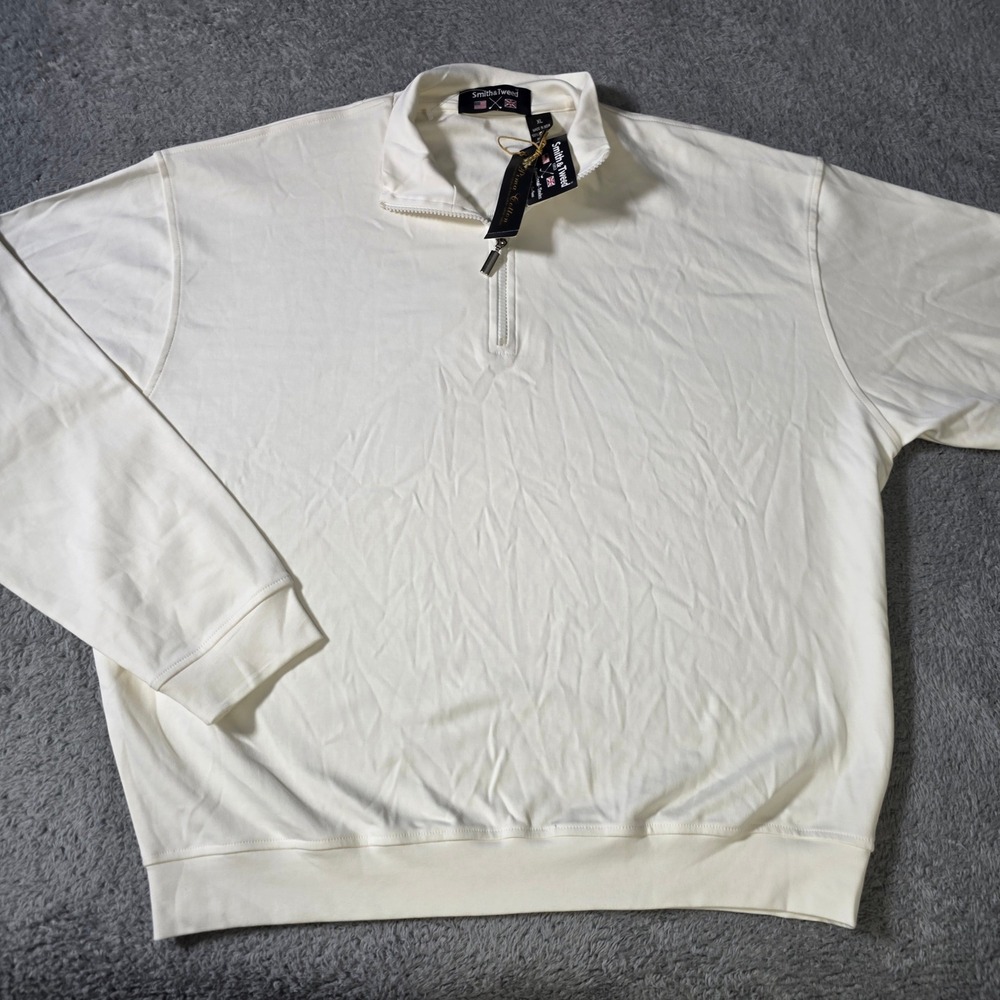 Smith & Tweed Mens XL Quarter Zip Pullover Cream White Pima Cotton Mock Neck